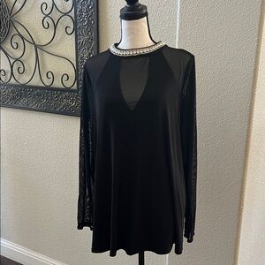 Moa Moa Black Sheer Sleeve Blouse with Embellished Neckline